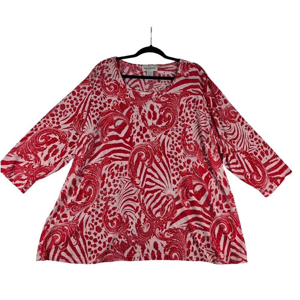 C.D.‎ Daniels Paisley Animal Print Tunic Women 2X Red White Glitter 3/4 Sleeve